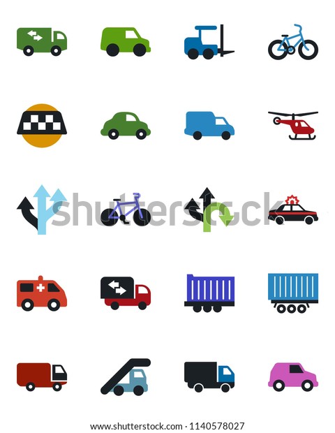 Color and black flat icon set - taxi\
vector, alarm car, fork loader, ladder, helicopter, ambulance,\
bike, route, truck trailer, delivery,\
moving