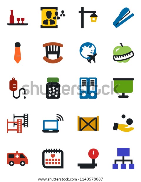Color and black flat icon set - wireless notebook\
vector, plane globe, office binder, tie, garden light, dropper,\
pills bottle, ambulance car, medical calendar, diet, container,\
heavy scales, hr