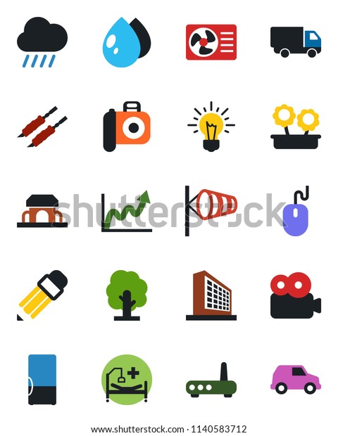 Color and black flat icon set - wind vector, office\
building, mouse, tree, water drop, rain, hospital bed, car\
delivery, camera, video, pencil, fridge, flower in pot, cafe,\
kebab, router, idea