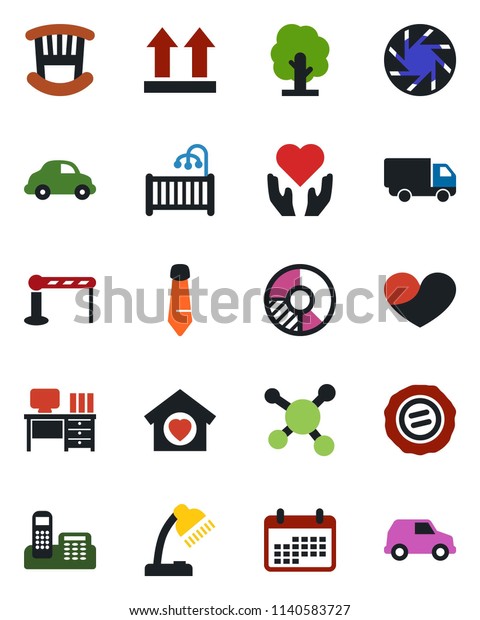 Color and black flat icon set - barrier vector,\
desk, tie, circle chart, stamp, tree, heart hand, molecule, car\
delivery, up side sign, mobile camera, office phone, lamp, children\
room, sweet home