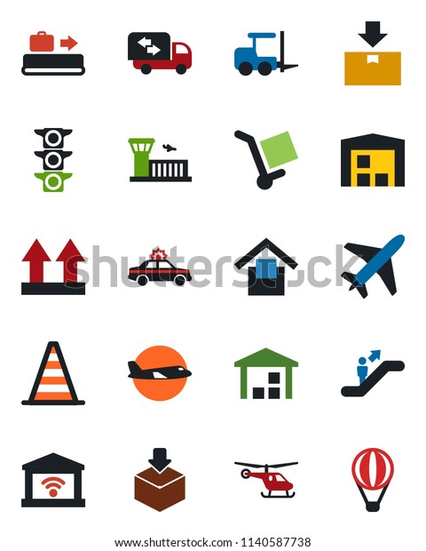 Color and black flat icon set - plane vector,\
baggage conveyor, escalator, alarm car, fork loader, border cone,\
helicopter, airport building, traffic light, cargo, warehouse\
storage, up side sign