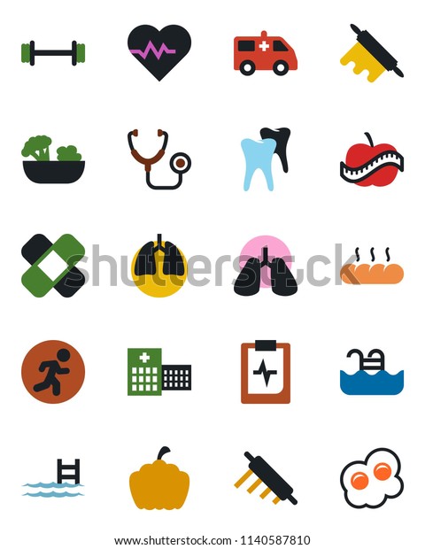 Color\
and black flat icon set - pumpkin vector, heart pulse, stethoscope,\
patch, ambulance car, barbell, run, lungs, tooth, clipboard, diet,\
hospital, pool, salad, bread, rolling pin,\
omelette