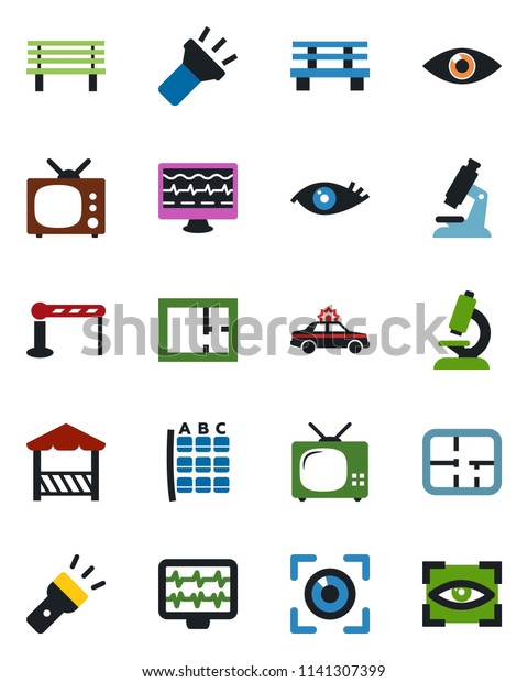 Color and black flat icon set - barrier vector,
alarm car, seat map, bench, monitor pulse, microscope, eye, torch,
plan, tv, alcove, scan