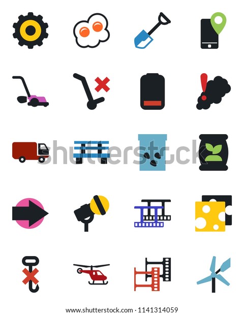 Color and black flat icon set - right arrow\
vector, helicopter, gear, shovel, lawn mower, bench, seeds,\
fertilizer, mobile tracking, car delivery, no trolley, hook, film\
frame, microphone,\
omelette