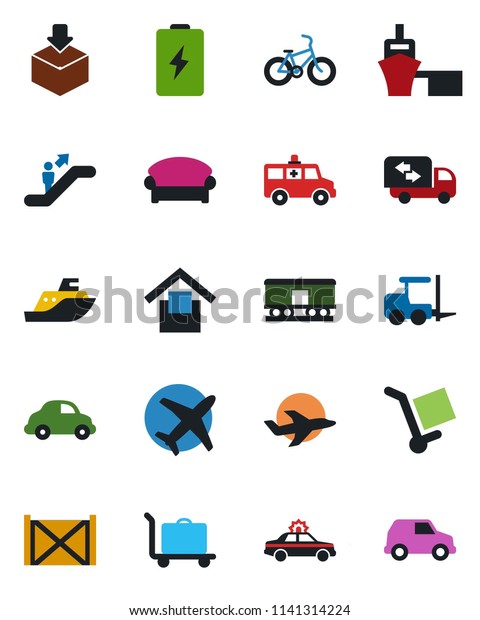 Color and black flat icon set - baggage trolley\
vector, escalator, waiting area, alarm car, fork loader, ambulance,\
bike, plane, sea shipping, delivery, port, container, cargo,\
warehouse storage