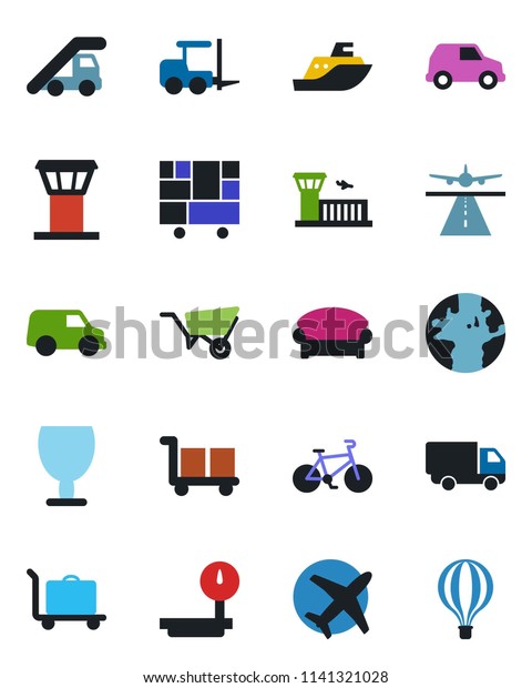 Color and black flat icon set - airport tower\
vector, runway, baggage trolley, waiting area, fork loader, ladder\
car, building, wheelbarrow, bike, earth, plane, sea shipping,\
delivery, fragile