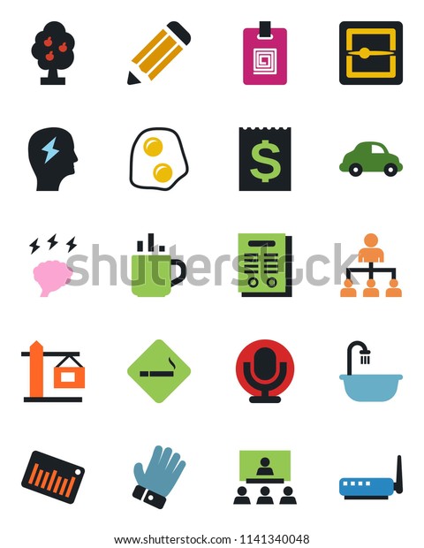 Color and black flat icon set - hot cup vector,\
smoking place, hierarchy, brainstorm, pencil, glove, car delivery,\
receipt, barcode, microphone, scanner, identity card, contract,\
fruit tree, crane