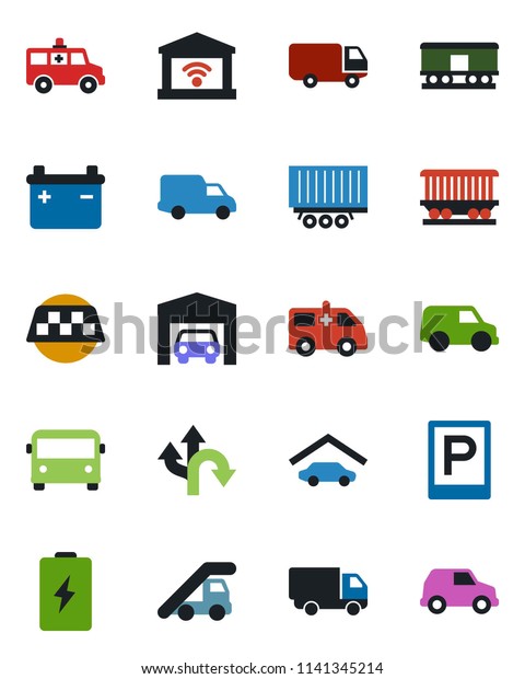 Color and black flat icon set -\
taxi vector, airport bus, parking, ladder car, ambulance, route,\
railroad, truck trailer, delivery, garage, gate control,\
battery