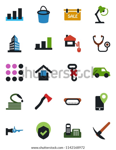 Color and black flat icon set - boarding vector,\
bucket, hose, axe, stethoscope, mobile tracking, warehouse storage,\
no hook, sorting, shield, menu, office building, bar graph, phone,\
desk lamp, car