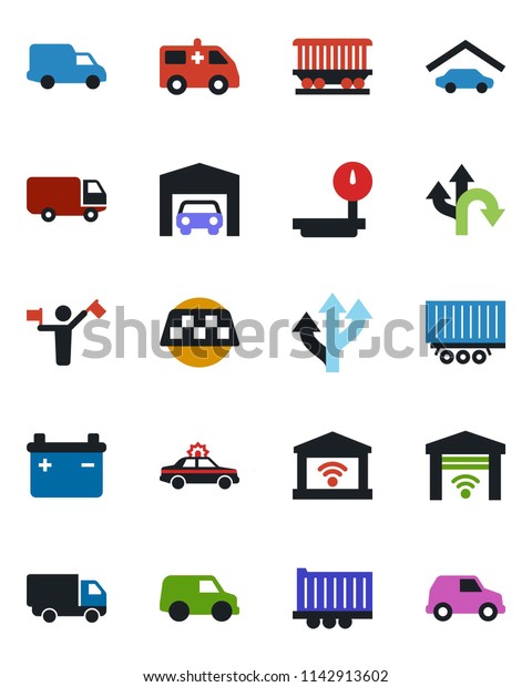 Color and black flat icon\
set - dispatcher vector, taxi, alarm car, ambulance, route,\
railroad, truck trailer, delivery, heavy scales, garage, gate\
control, battery