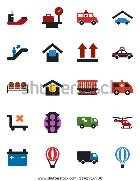 Color and black flat icon set - escalator vector,\
waiting area, alarm car, helicopter, luggage scales, ambulance,\
railroad, traffic light, sea shipping, delivery, warehouse storage,\
up side sign