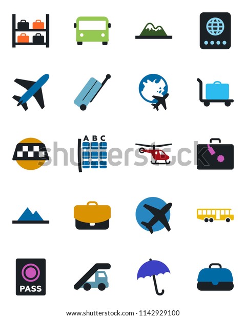 Color\
and black flat icon set - plane vector, taxi, suitcase, baggage\
trolley, airport bus, umbrella, passport, ladder car, helicopter,\
seat map, luggage storage, globe, mountains,\
case