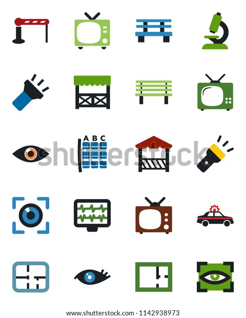 Color and black flat icon set - barrier vector, tv,
alarm car, seat map, bench, monitor pulse, microscope, eye, torch,
plan, alcove, scan