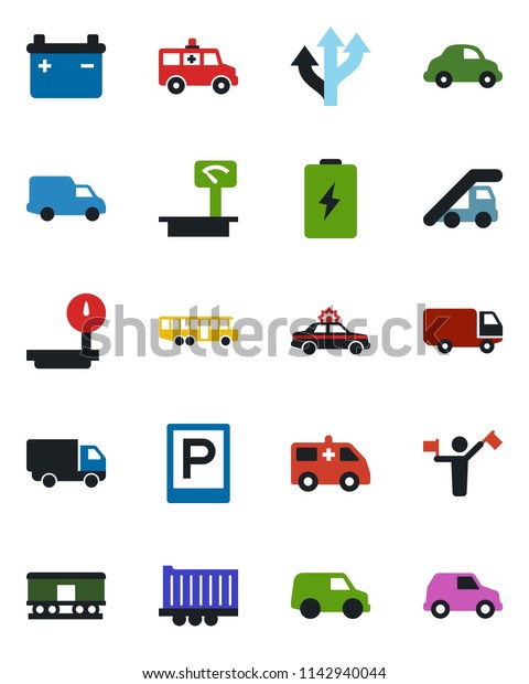 Color and black flat icon set -\
dispatcher vector, airport bus, parking, alarm car, ladder,\
ambulance, route, truck trailer, delivery, heavy scales, railroad,\
battery