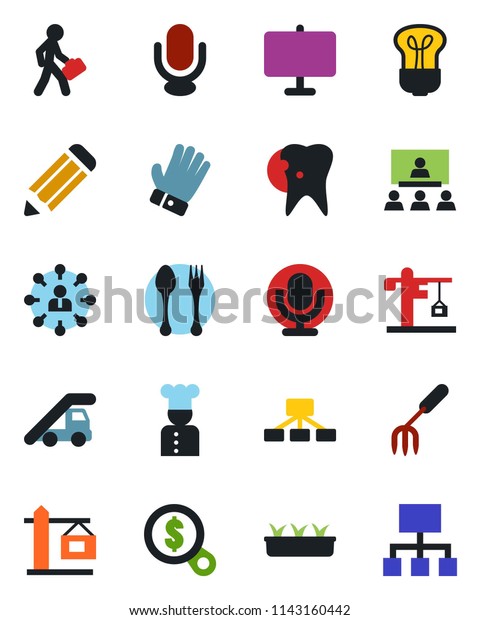 Color and black flat icon set - spoon and fork
vector, ladder car, hierarchy, pencil, garden, glove, seedling,
caries, microphone, presentation board, manager, crane, cook, bulb,
money search
