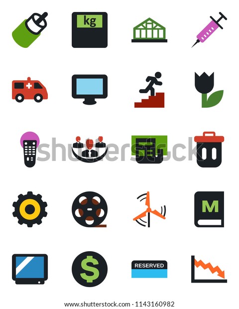 Color and black flat icon set - gear vector, dollar\
sign, greenhouse, syringe, scales, ambulance car, tulip, reel, tv,\
remote control, monitor, rca, company, news, career ladder,\
windmill, menu