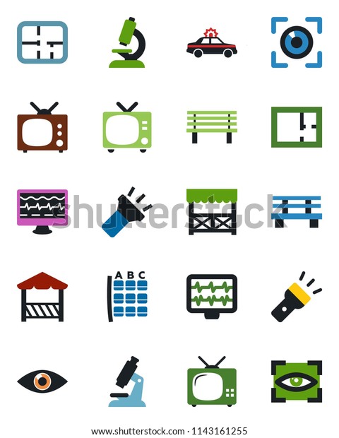 Color and black flat icon set - tv vector, alarm\
car, seat map, bench, monitor pulse, microscope, eye, torch, plan,\
alcove, scan