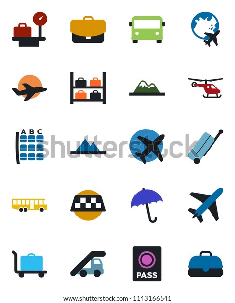 Color and black flat icon set - plane vector, taxi,\
suitcase, baggage trolley, airport bus, umbrella, passport, ladder\
car, helicopter, seat map, luggage storage, scales, globe,\
mountains, case