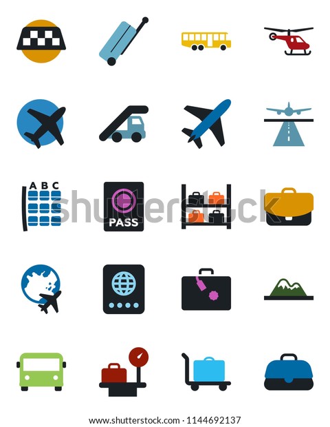 Color and black flat icon set - plane vector,\
runway, taxi, suitcase, baggage trolley, airport bus, passport,\
ladder car, helicopter, seat map, luggage storage, scales, globe,\
mountains, case
