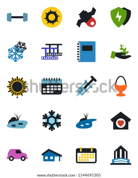 Color and\
black flat icon set - sun vector, syringe, barbell, satellite,\
term, film frame, protect, copybook, house with garage, pond, sweet\
home, egg stand, snowflake, palm sproute,\
car