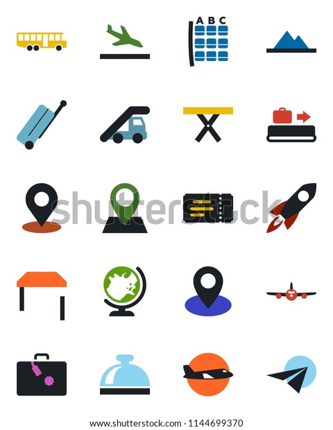 Color and black flat icon set - suitcase vector,\
arrival, baggage conveyor, airport bus, ticket, reception bell,\
globe, ladder car, plane, seat map, picnic table, pin, place tag,\
mountains, rocket