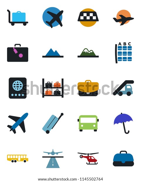 Color and black flat icon set - plane vector,\
runway, taxi, suitcase, baggage trolley, airport bus, umbrella,\
passport, ladder car, helicopter, seat map, luggage storage,\
mountains, case