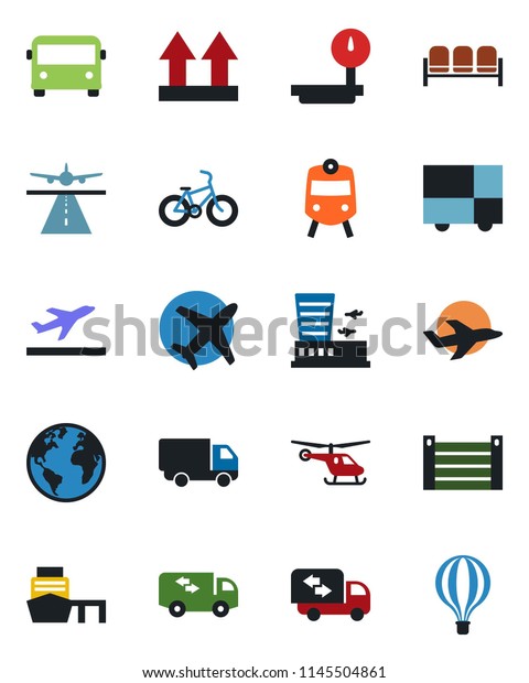 Color and black flat icon set - runway vector,
departure, airport bus, train, waiting area, helicopter, building,
bike, earth, plane, car delivery, sea port, container, consolidated
cargo, moving