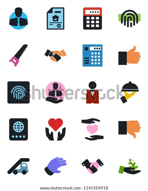 Color and black flat icon set - passport vector,\
ladder car, handshake, glove, saw, heart hand, client, finger up,\
down, fingerprint id, estate document, waiter, combination lock,\
palm sproute
