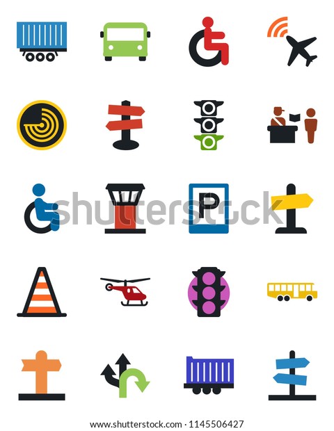 Color and black flat icon set - airport tower\
vector, plane radar, bus, parking, passport control, border cone,\
helicopter, disabled, route, signpost, traffic light, truck\
trailer, guidepost