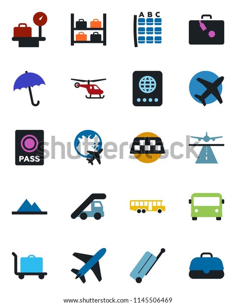 Color and black flat icon set - plane vector,\
runway, taxi, suitcase, baggage trolley, airport bus, umbrella,\
passport, ladder car, helicopter, seat map, luggage storage,\
scales, globe, mountains