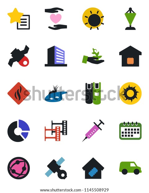Color and black flat icon set - office building\
vector, pennant, circle chart, sun, syringe, heart hand, satellite,\
film frame, network, favorites list, book, pond, smart home, smoke\
detector, car