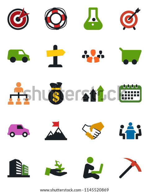 Color and black flat icon set - hierarchy\
vector, meeting, target, group, arrow up graph, palm sproute,\
motivation, handshake, money bag, calendar, cart, flask, car,\
crisis management,\
guidepost