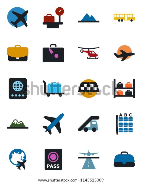 Color and black flat icon set - plane vector,\
runway, taxi, suitcase, baggage trolley, airport bus, passport,\
ladder car, helicopter, seat map, luggage storage, scales, globe,\
mountains, case
