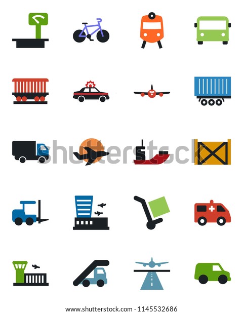 Color and black flat icon set - runway vector,\
airport bus, train, alarm car, fork loader, ladder, plane,\
building, ambulance, bike, railroad, sea shipping, truck trailer,\
delivery, container,\
cargo