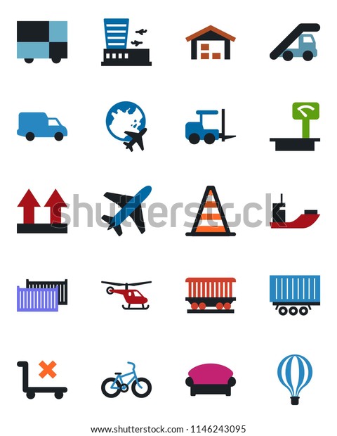 Color and black flat icon set - plane vector,\
waiting area, fork loader, ladder car, border cone, helicopter,\
globe, airport building, bike, railroad, sea shipping, truck\
trailer, cargo container