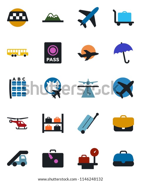 Color and black flat icon set - plane vector,\
runway, taxi, suitcase, baggage trolley, airport bus, umbrella,\
passport, ladder car, helicopter, seat map, luggage storage,\
scales, globe, mountains