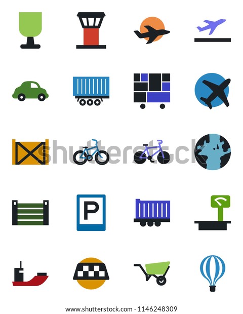 Color and black flat icon set - airport tower\
vector, taxi, departure, parking, wheelbarrow, bike, earth, plane,\
sea shipping, truck trailer, car delivery, container, consolidated\
cargo, fragile