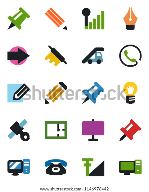 Color and black flat\
icon set - right arrow vector, ladder car, drawing pin, bulb,\
pencil, satellite, cellular signal, presentation board, ink pen,\
plan, phone, rolling, pc