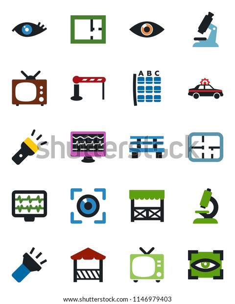 Color and black flat icon set - barrier vector, tv,\
alarm car, seat map, bench, monitor pulse, microscope, eye, torch,\
plan, alcove, scan