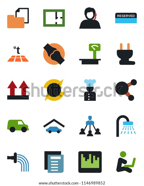 Color and black flat icon set - shower vector,\
document, watering, joint, support, folder, up side sign, heavy\
scales, share, scanner, update, hierarchy, garage, plan, cook,\
reserved, power plug