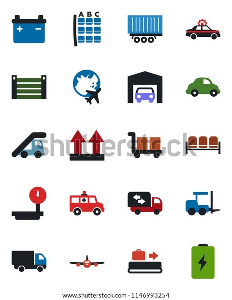 Color and black flat icon set - baggage conveyor\
vector, waiting area, alarm car, fork loader, ladder, plane, seat\
map, globe, ambulance, truck trailer, delivery, container, cargo,\
up side sign