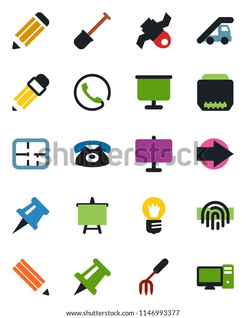 Color\
and black flat icon set - right arrow vector, ladder car,\
presentation board, drawing pin, bulb, pencil, garden fork, shovel,\
satellite, hdmi, fingerprint id, plan, phone,\
pc