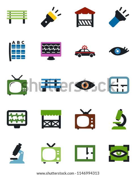 Color and black flat icon set - tv vector, alarm
car, seat map, bench, monitor pulse, microscope, eye, torch, plan,
alcove, scan
