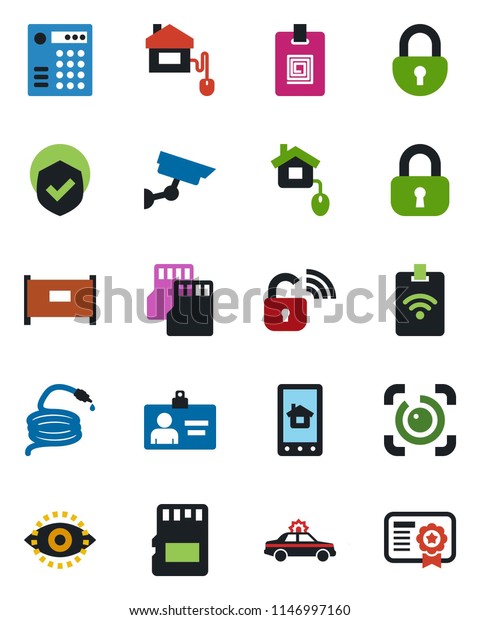 Color and\
black flat icon set - fence vector, alarm car, identity card, hose,\
shield, sd, lock, eye id, home control, wireless, app, combination,\
pass, surveillance,\
certificate