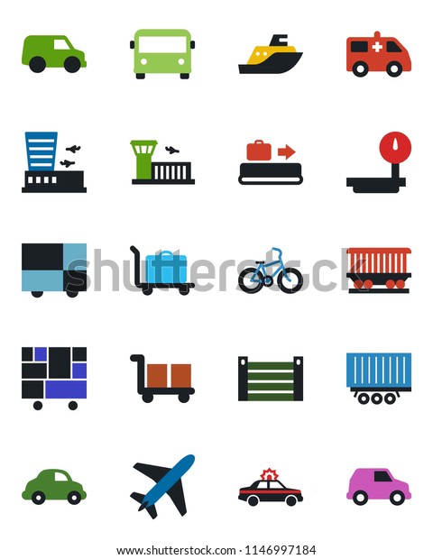Color and black flat icon set - plane vector,
baggage conveyor, trolley, airport bus, alarm car, building,
ambulance, bike, railroad, sea shipping, truck trailer, delivery,
container, heavy scales