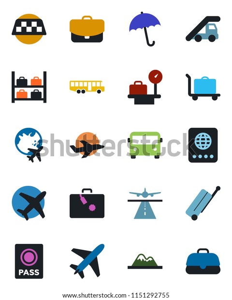 Color and\
black flat icon set - plane vector, runway, taxi, suitcase, baggage\
trolley, airport bus, umbrella, passport, ladder car, luggage\
storage, scales, globe, mountains,\
case