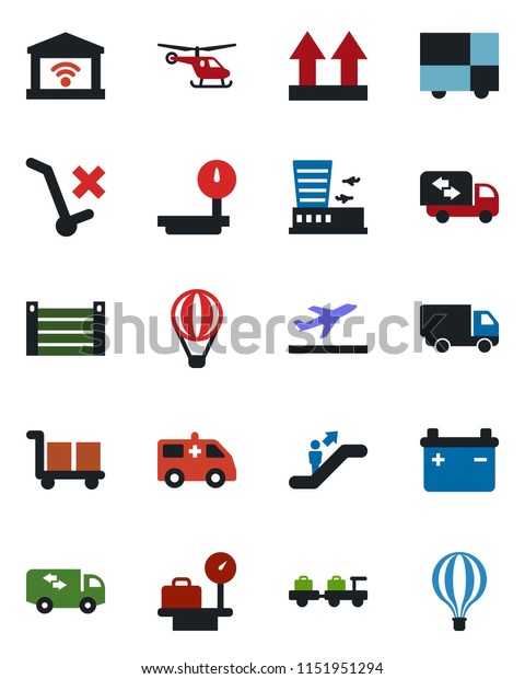 Color and black flat icon set - departure vector,\
escalator, baggage larry, helicopter, luggage scales, airport\
building, ambulance car, delivery, container, consolidated cargo,\
up side sign, heavy