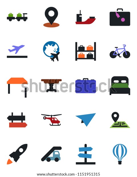 Color and black flat icon set - departure vector,\
suitcase, signpost, baggage larry, ladder car, helicopter, luggage\
storage, plane globe, case, bike, navigation, sea shipping, place\
tag, bedroom