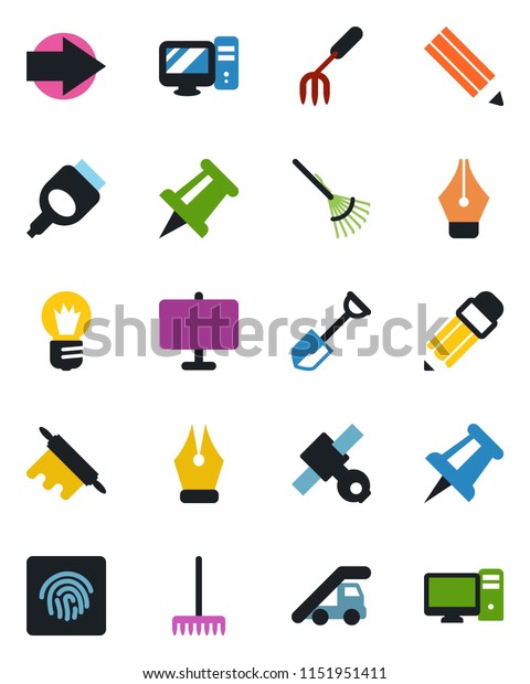 Color and black flat icon set - right arrow vector,\
ladder car, drawing pin, bulb, garden fork, shovel, rake,\
satellite, hdmi, fingerprint id, presentation board, ink pen,\
pencil, rolling, pc