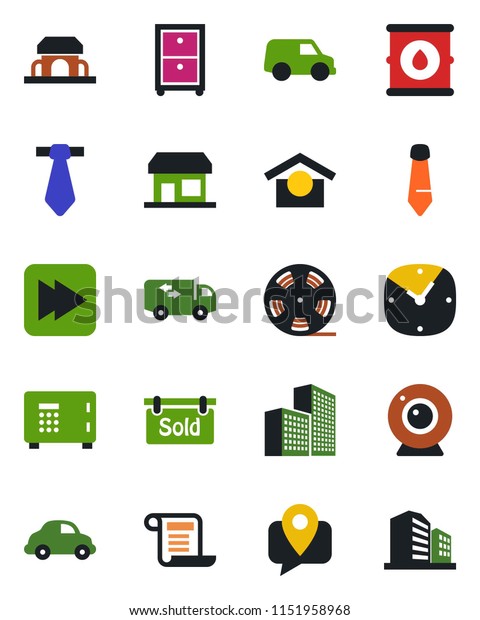 Color and black flat icon set - safe vector, tie,
mobile tracking, car delivery, warehouse storage, oil barrel, reel,
fast forward, clock, office building, archive box, sold signboard,
moving, cafe